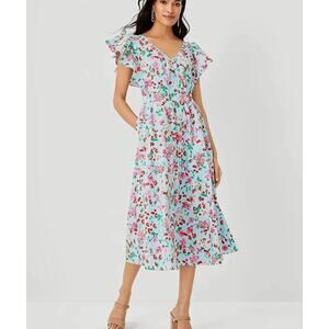 Ann Taylor Strawberry Floral Midi Dress Pockets Blue‎ Summer Cottagecore 14T